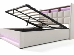 ModernLuxe Cama con almacenaje de lino 180x200 cm con LED y puertos USB - somier -
