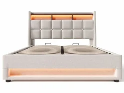 ModernLuxe Cama con almacenaje de lino 180x200 cm con LED y puertos USB - somier -
