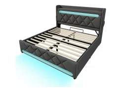 DripeX Cama con almacenaje 160x200 cm en lino , con LED, cabecero con almacenamiento con USB y puerto Type C
