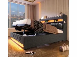 DripeX Cama con almacenaje 160x200 cm en lino , con LED, cabecero con almacenamiento con USB y puerto Type C