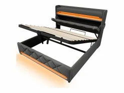 DripeX Cama con almacenaje 160x200 cm en lino , con LED, cabecero con almacenamiento con USB y puerto Type C