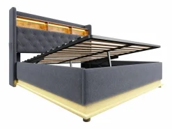 Clearance Cama con almacenaje 180x200 cm para adultos con LED y USB Tipo-C, lino , sin colchón Cama Con Canapé