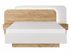 Vente-unique Cama con almacenaje y mesitas de noche 160 x 200 cm y LEDs en color natural y blanco - DESADO