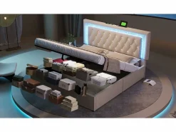 Best Cama con almacenamiento acolchada 140x200cm en terciopelo - con iluminación LED - con puertos USB y Tipo-C - con somier de láminas - (sin colchón) Cama Terciopelo