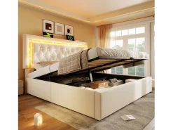 Best Cama con almacenamiento acolchada 140x200cm en terciopelo - con iluminación LED - con puertos USB y Tipo-C - con somier de láminas - (sin colchón) Cama Terciopelo