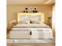 Best Cama con almacenamiento acolchada 140x200cm en terciopelo - con iluminación LED - con puertos USB y Tipo-C - con somier de láminas - (sin colchón) Cama Terciopelo
