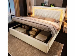 Best Cama con almacenamiento acolchada 140x200cm en terciopelo - con iluminación LED - con puertos USB y Tipo-C - con somier de láminas - (sin colchón) Cama Terciopelo