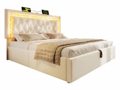 Best Cama con almacenamiento acolchada 140x200cm en terciopelo - con iluminación LED - con puertos USB y Tipo-C - con somier de láminas - (sin colchón) Cama Terciopelo
