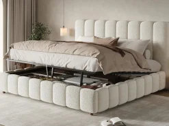 Sale ModernLuxe Cama con almacenamiento tapizada 200x200cm - con somier de láminas - Tela rizada - ​ (sin colchón) Blanco