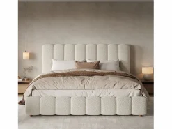 Sale ModernLuxe Cama con almacenamiento tapizada 200x200cm - con somier de láminas - Tela rizada - ​ (sin colchón) Blanco