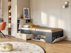 Sale Cama con cabecero con compartimentos 90 x 190 antracita y natural con somier - LEANDRE Cama Infantil