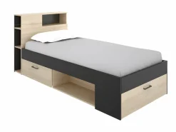 Sale Cama con cabecero con compartimentos 90 x 190 antracita y natural con somier - LEANDRE Cama Infantil