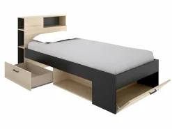 Sale Cama con cabecero con compartimentos 90 x 190 antracita y natural con somier - LEANDRE Cama Infantil