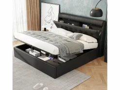 Hot Merax Cama con cabecero de 140 x 200 cm con canapé abatible - LED - Piel sintética - Color (sin colchón) Negro