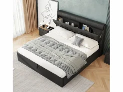 Hot Merax Cama con cabecero de 140 x 200 cm con canapé abatible - LED - Piel sintética - Color (sin colchón) Negro