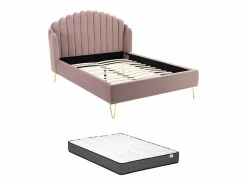 Vente-unique Cama con cabecero ondulado 140 x 190 cm Terciopelo rosa charme vintage + colchón SAGALI