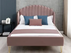 Vente-unique Cama con cabecero ondulado 140 x 190 cm Terciopelo rosa charme vintage + colchón SAGALI