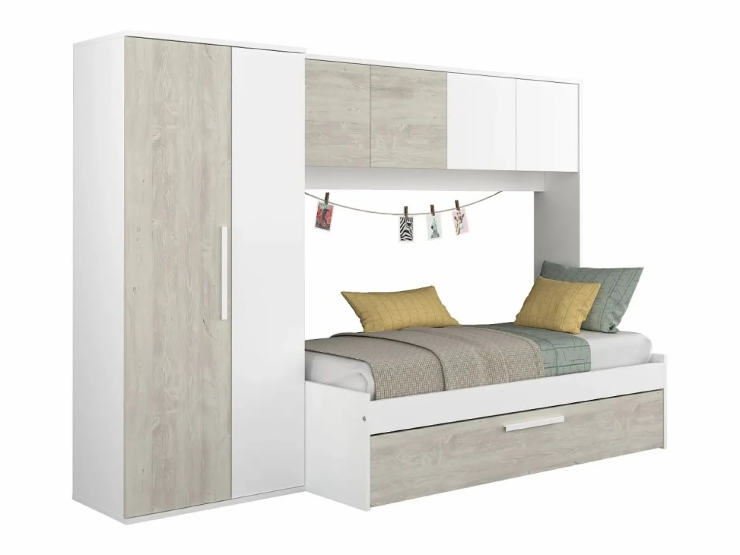 Discount Cama con cajón nido 2 x 90 x 200 con armario blanco y natural - LUMOKA Cama Nido