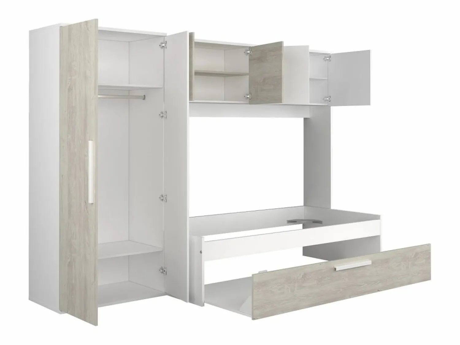 Discount Cama con cajón nido 2 x 90 x 200 con armario blanco y natural - LUMOKA Cama Nido