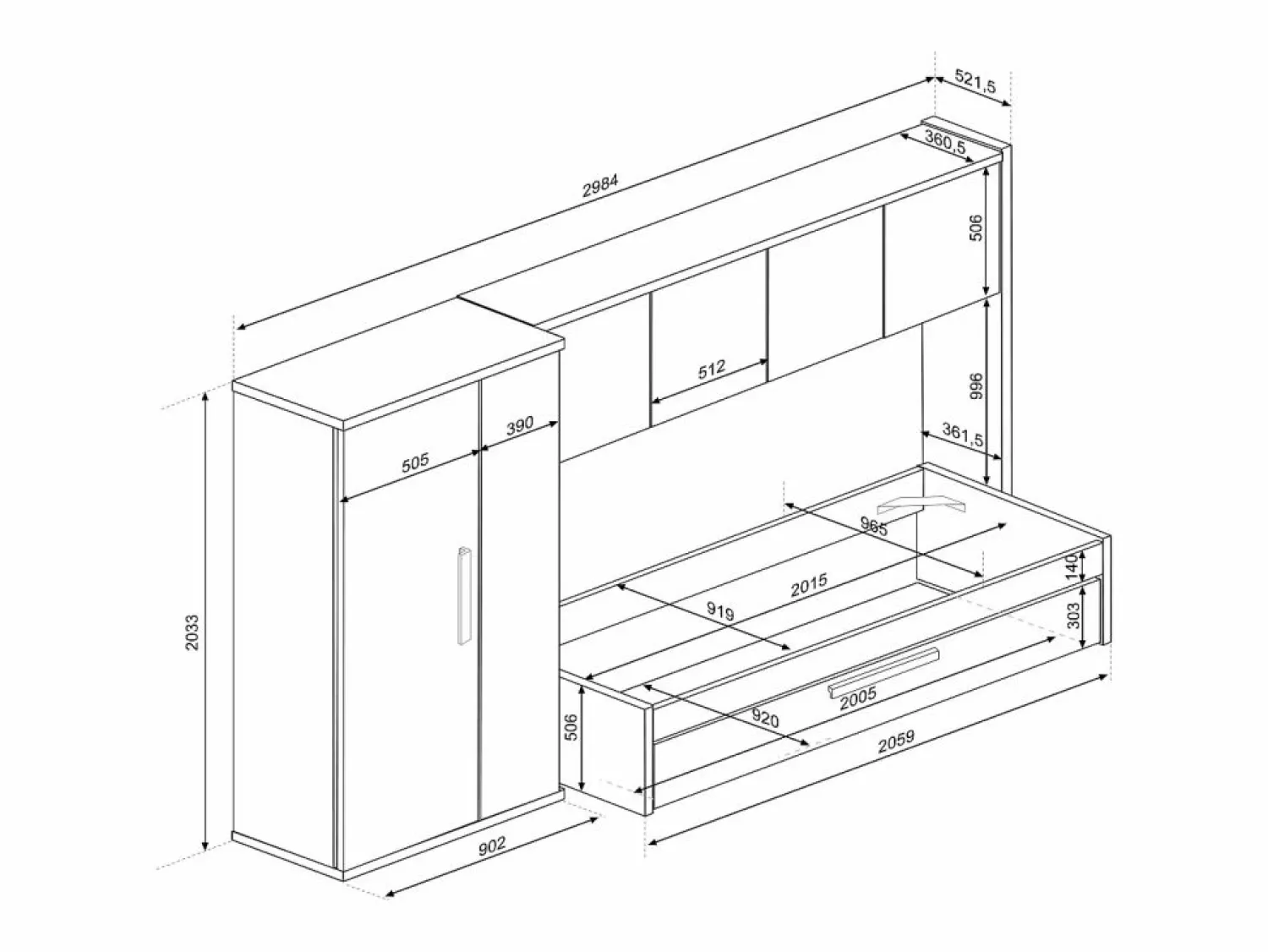 Discount Cama con cajón nido 2 x 90 x 200 con armario blanco y natural - LUMOKA Cama Nido
