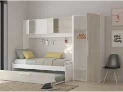 Discount Cama con cajón nido 2 x 90 x 200 con armario blanco y natural - LUMOKA Cama Nido