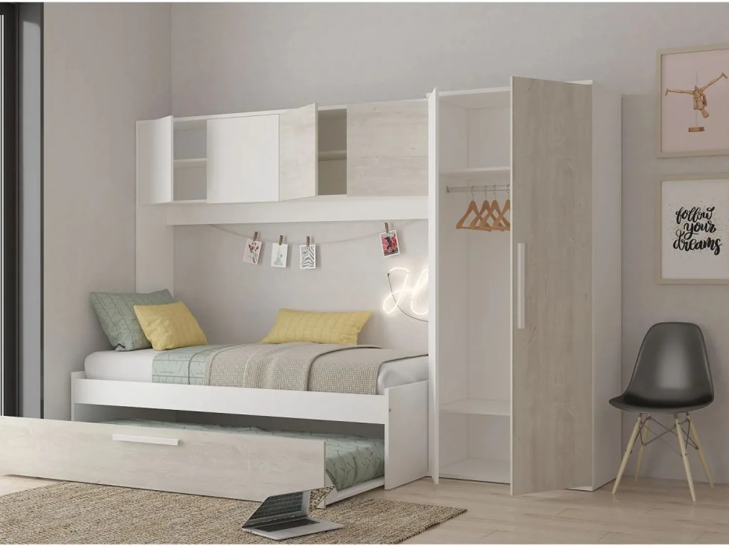 Discount Cama con cajón nido 2 x 90 x 200 con armario blanco y natural - LUMOKA Cama Nido