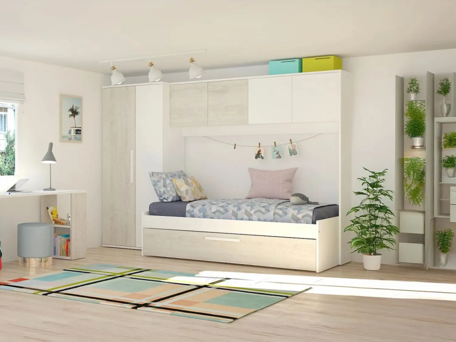 Discount Cama con cajón nido 2 x 90 x 200 con armario blanco y natural - LUMOKA Cama Nido