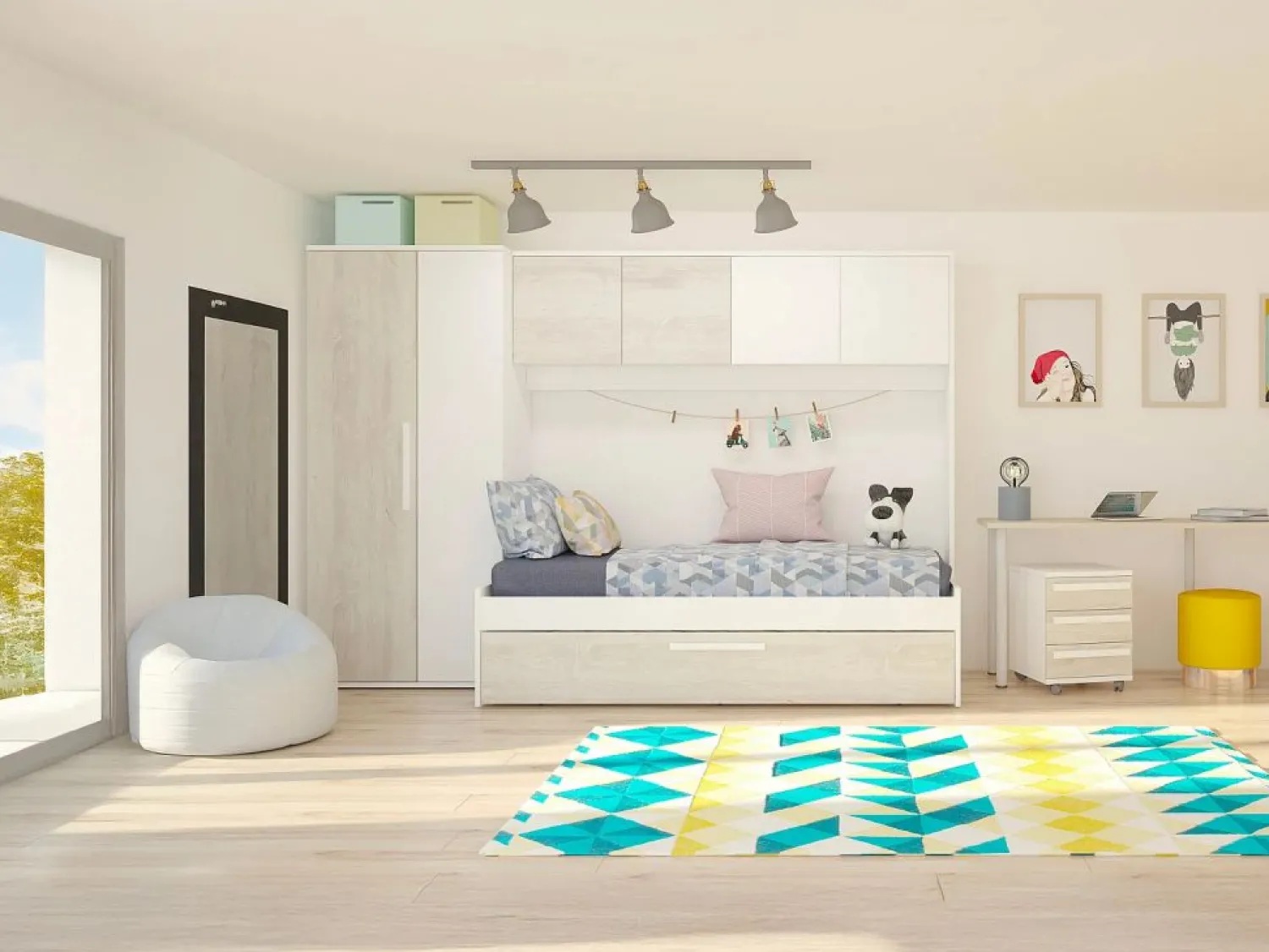 Discount Cama con cajón nido 2 x 90 x 200 con armario blanco y natural - LUMOKA Cama Nido