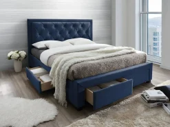 Hot Vente-unique Cama con cajones en terciopelo azul 160 x 200 cm + colchón LEOPOLD Azul oscuro