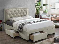 Vente-unique Cama con cajones tela de terciopelo 180 x 200 cm + colchón LEOPOLD Beige