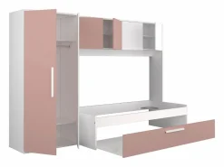 Vente-unique Cama con cama nido 2 x 90 x 200 con armario rosa y blanco - LUMOKA