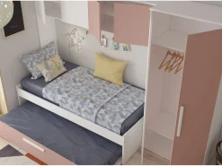 Vente-unique Cama con cama nido 2 x 90 x 200 con armario rosa y blanco - LUMOKA