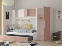 Vente-unique Cama con cama nido 2 x 90 x 200 con armario rosa y blanco - LUMOKA
