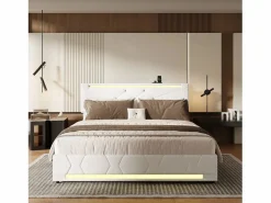 Sale Cama con canapé con LED RGB y puertos USB-C/USB – 160x200 cm – Tejido – Cabecero ajustable – Gran capacidad de almacenaje Cama Con Canapé|Cama Con Almacenaje