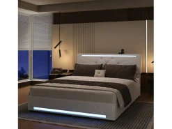 Sale Cama con canapé con LED RGB y puertos USB-C/USB – 160x200 cm – Tejido – Cabecero ajustable – Gran capacidad de almacenaje Cama Con Canapé|Cama Con Almacenaje