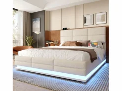 Merax Cama con canapé tapizado - 140 x 200 cm - cabecero ajustable - con USB + LED - canapé hidráulico - terciopelo -