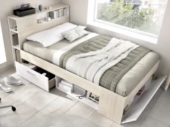Cama con canapé 120x190 cm en color natural y blanco + somier + colchón - LEANDRE Cama Con Almacenaje|Cama Infantil