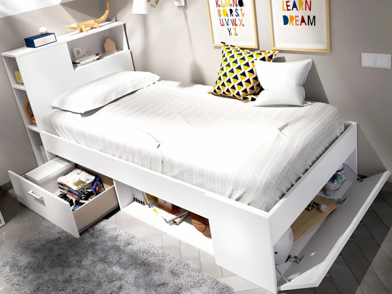 Online Vente-unique Cama con compartimentos 90 x 190 cm LEANDRE - Color: Blanco