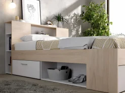 Outlet Cama con compartimentos 140 x 190 cm color natural y blanco + somier - LEANDRE Cama Con Almacenaje|Cama Adulto