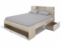 Outlet Cama con compartimentos 140 x 190 cm color natural y blanco + somier - LEANDRE Cama Con Almacenaje|Cama Adulto