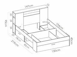 Outlet Cama con compartimentos 140 x 190 cm color natural y blanco + somier - LEANDRE Cama Con Almacenaje|Cama Adulto