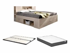 Vente-unique Cama con compartimentos 140 x 190 cm color natural + somier + colchón - LEANDRE