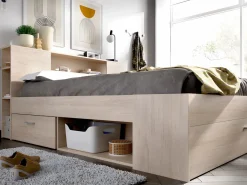 Vente-unique Cama con compartimentos 140 x 190 cm color natural + somier + colchón - LEANDRE