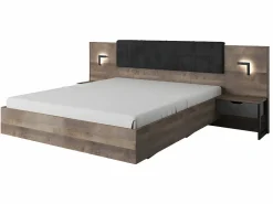 Best Vente-unique Cama con mesas de noche 160 x 200 cm con LEDs en natural y antracita + somier - LAONILE Gris antracita / Color natural oscuro