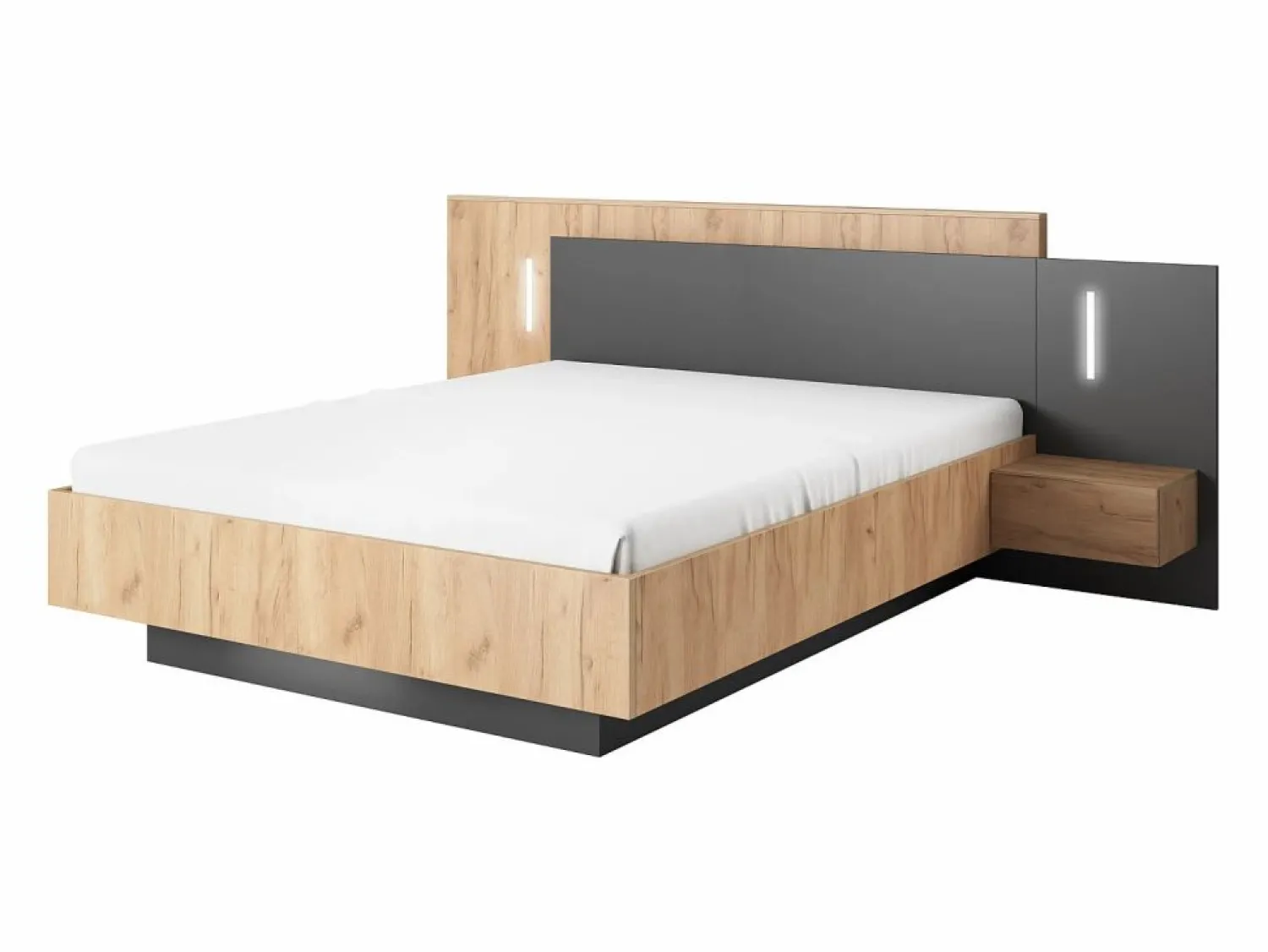 Vente-unique Cama con mesitas de noche con 2 cajones 140 x 190 cm con LEDs natural y antracita - FRANCOLI