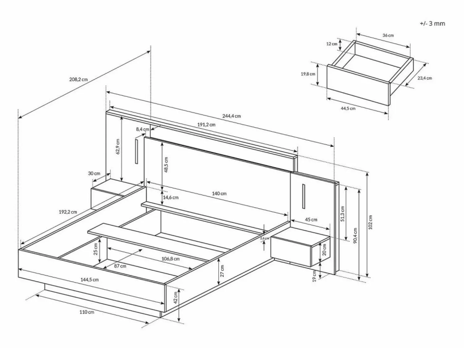 Vente-unique Cama con mesitas de noche con 2 cajones 140 x 190 cm con LEDs natural y antracita - FRANCOLI
