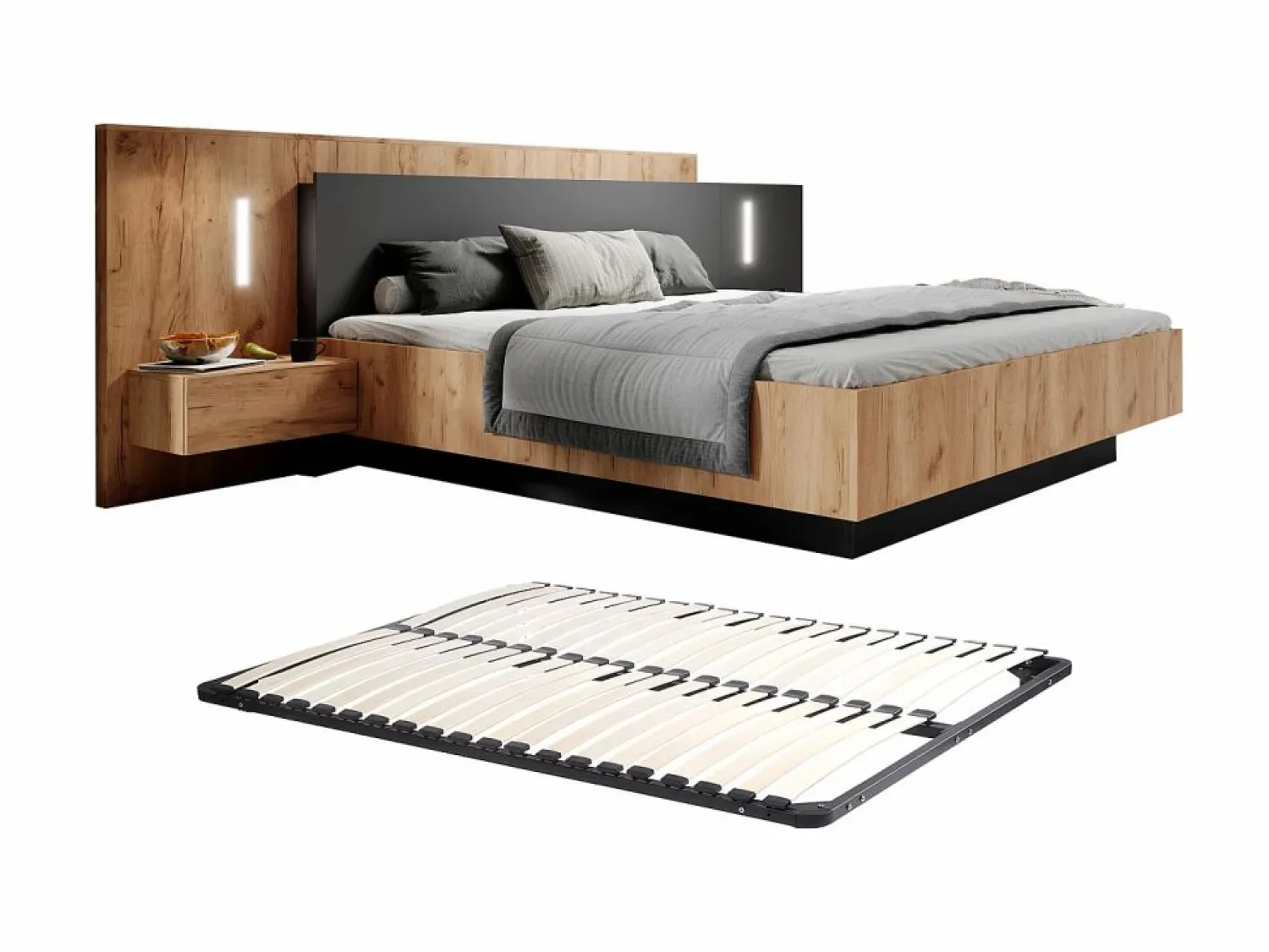 Clearance Cama con mesitas de noche 2 cajones 160 x 200 cm LEDs natural y antracita + somier - FRANCOLI Cama Con Almacenaje|Cama Adulto