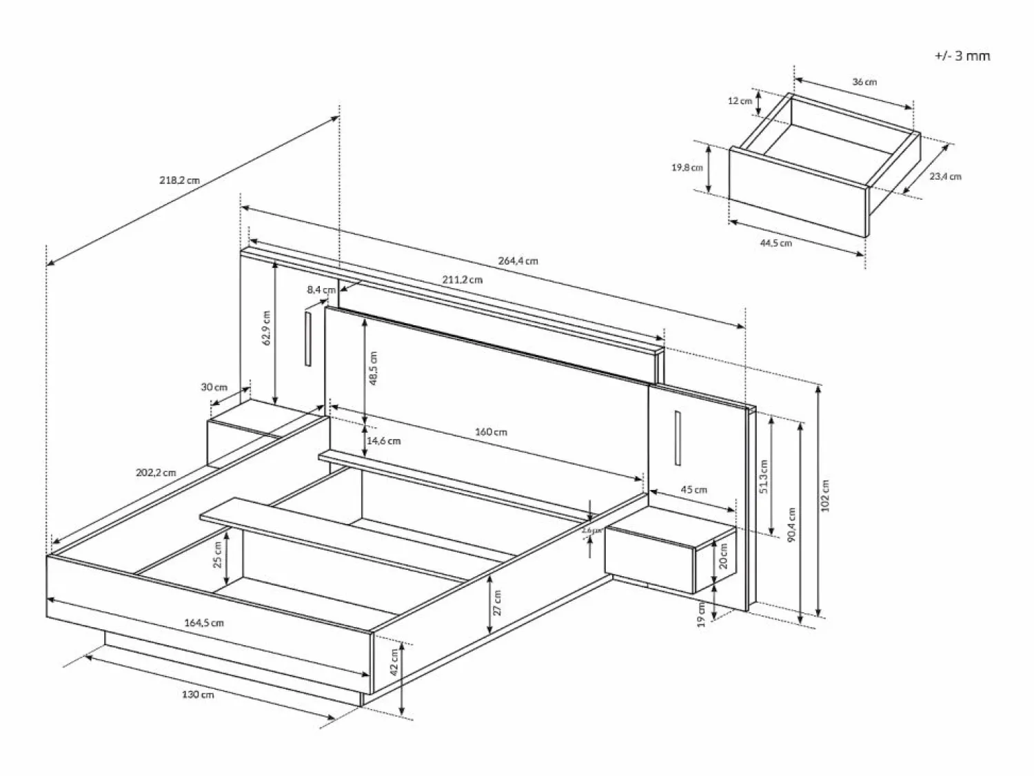 Clearance Cama con mesitas de noche 2 cajones 160 x 200 cm LEDs natural y antracita + somier - FRANCOLI Cama Con Almacenaje|Cama Adulto