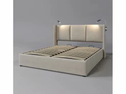 Hot Merax Cama contenedor 140 x 200 cm con cabecero - tela de lino - USB + lámpara de lectura - Beige