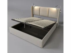 Hot Merax Cama contenedor 140 x 200 cm con cabecero - tela de lino - USB + lámpara de lectura - Beige